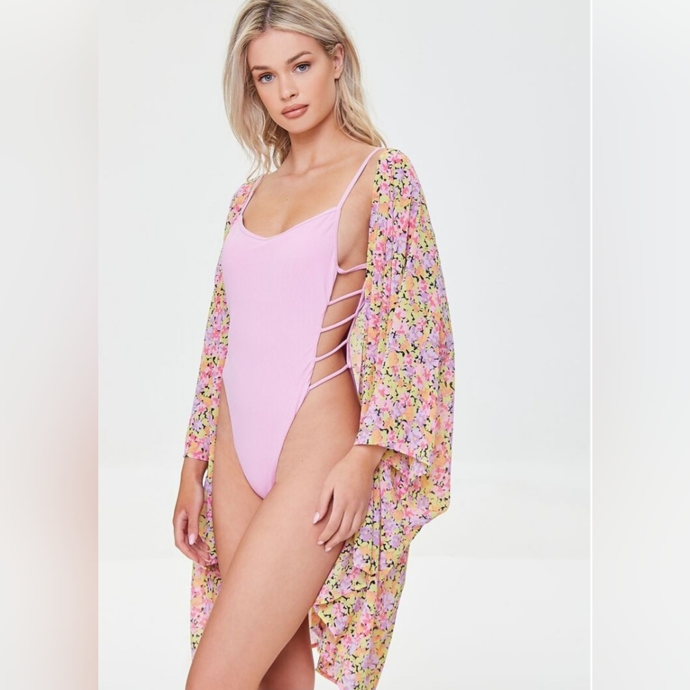 Floral Print Swim Cover-Up Kimono
